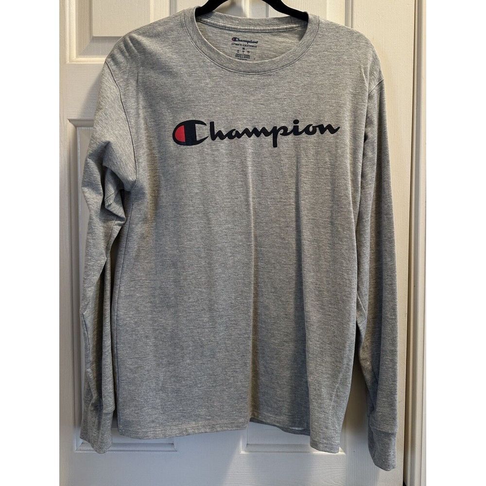 Champion T-Shirt Men's Size Med Long Sleeve Authentic Athleticwear Logo Gray